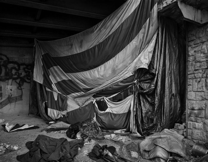 Homeless Shelter 2, American Flag, St. Louis Waterfront, 2022