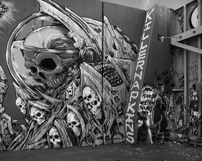 Flood Wall and Gate, Graffiti, Chouteau's Landing, 2023