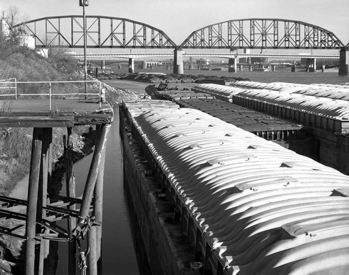 Abandoned Pier 2, Barges, Poplar Street and MacArthur Bridges, Chouteau’s Landing, 2023