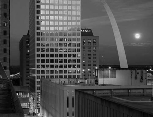 Moonrise and the Arch From the Keiner Plaza West Parking Garage, 2023